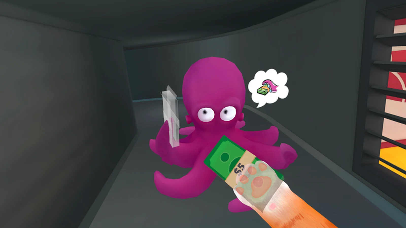 A stable close view of an octopus and the player's paw