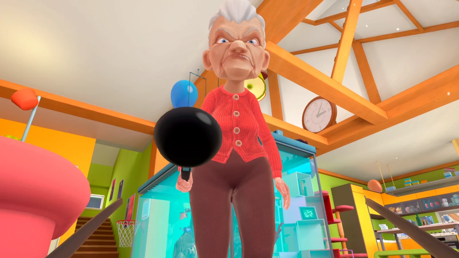 Granny holding a black ball in front of the player