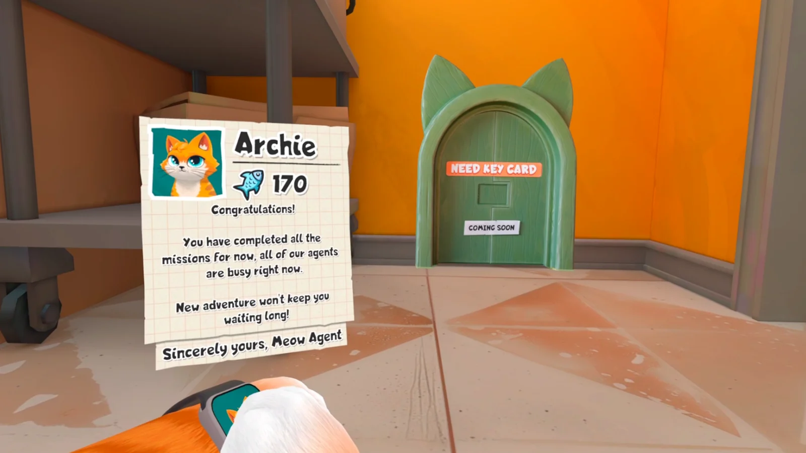 A locked door marked Need Key Card beside a completed-missions note